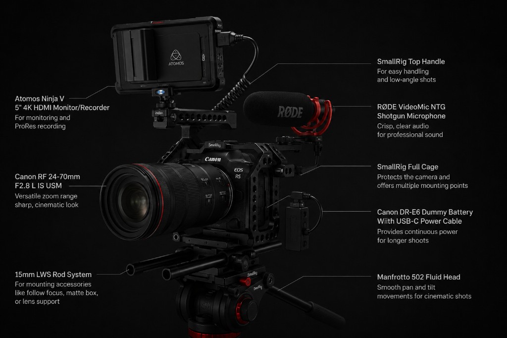 Gallagher Group professional camera rig – Canon EOS R5 with Atomos Ninja V monitor, RØDE VideoMic NTG, SmallRig cage, Manfrotto 502 fluid head